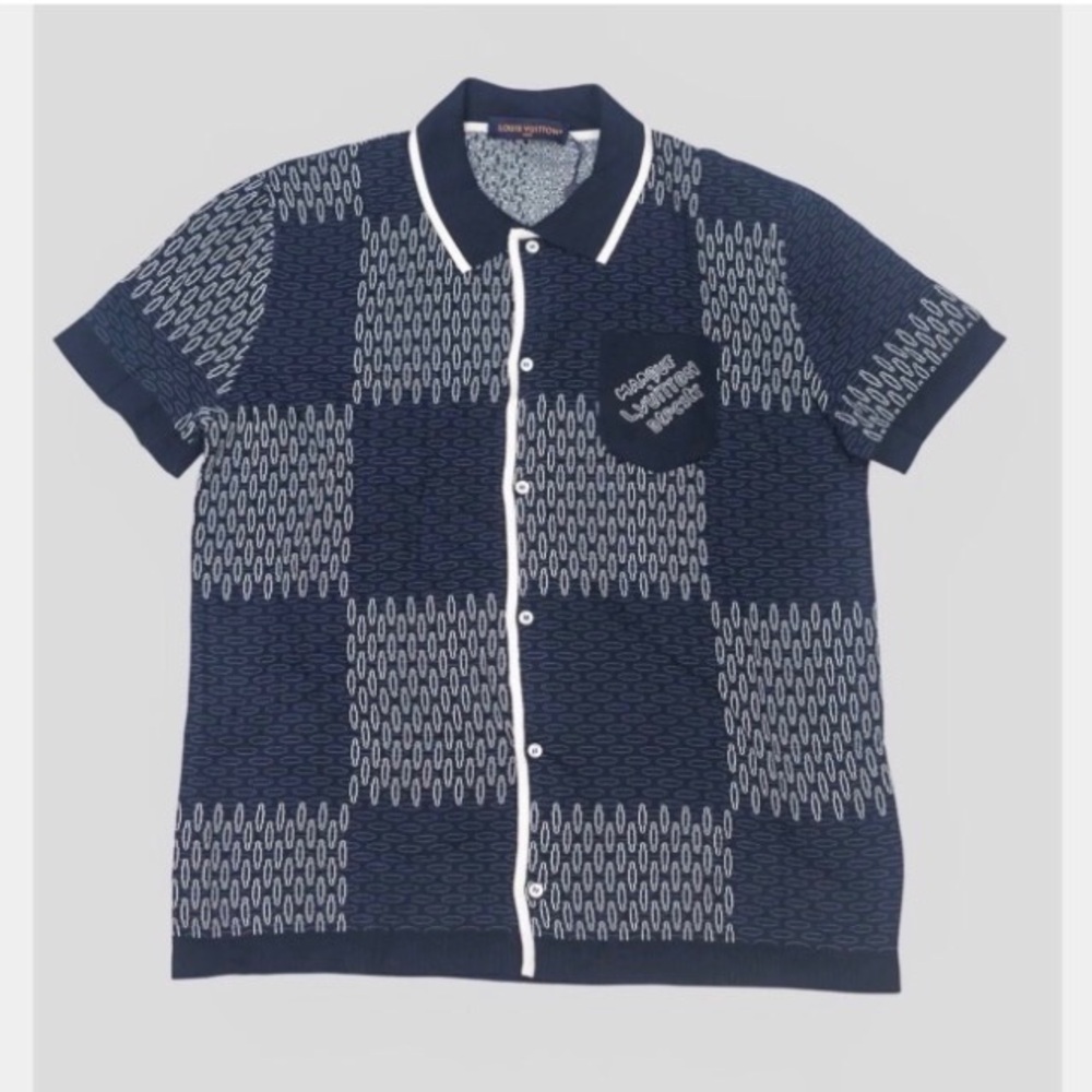 Louis Vuitton Navy and White Short Sleeve Button-Down Shirt
